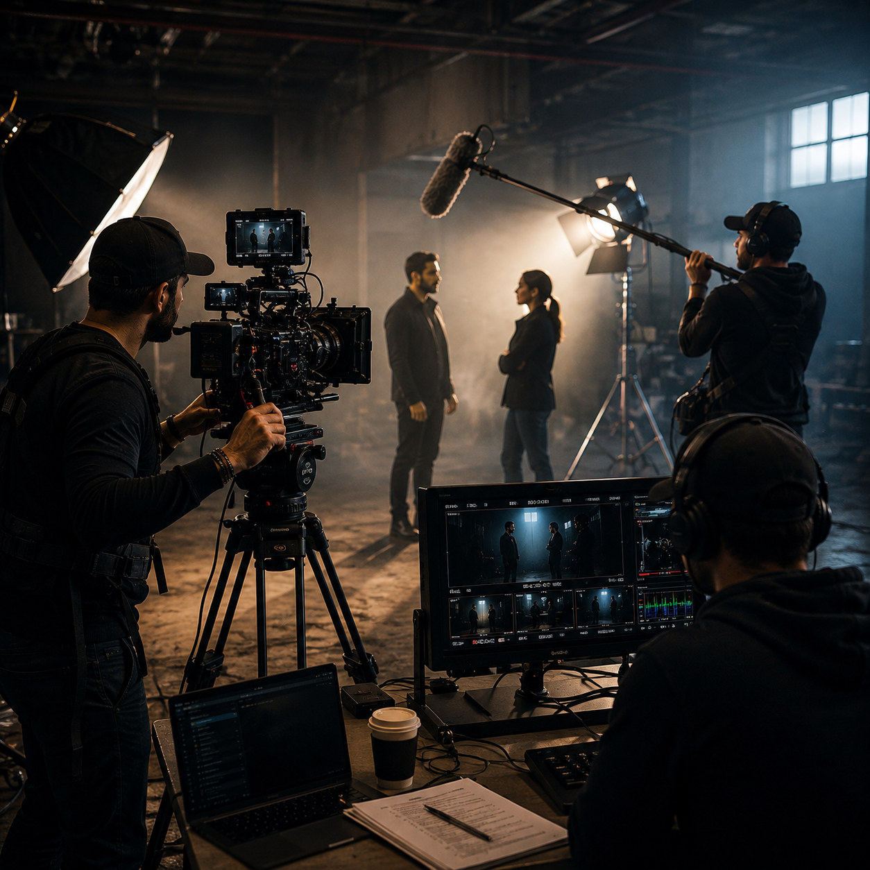 Film crew capturing a scene on a professional production set