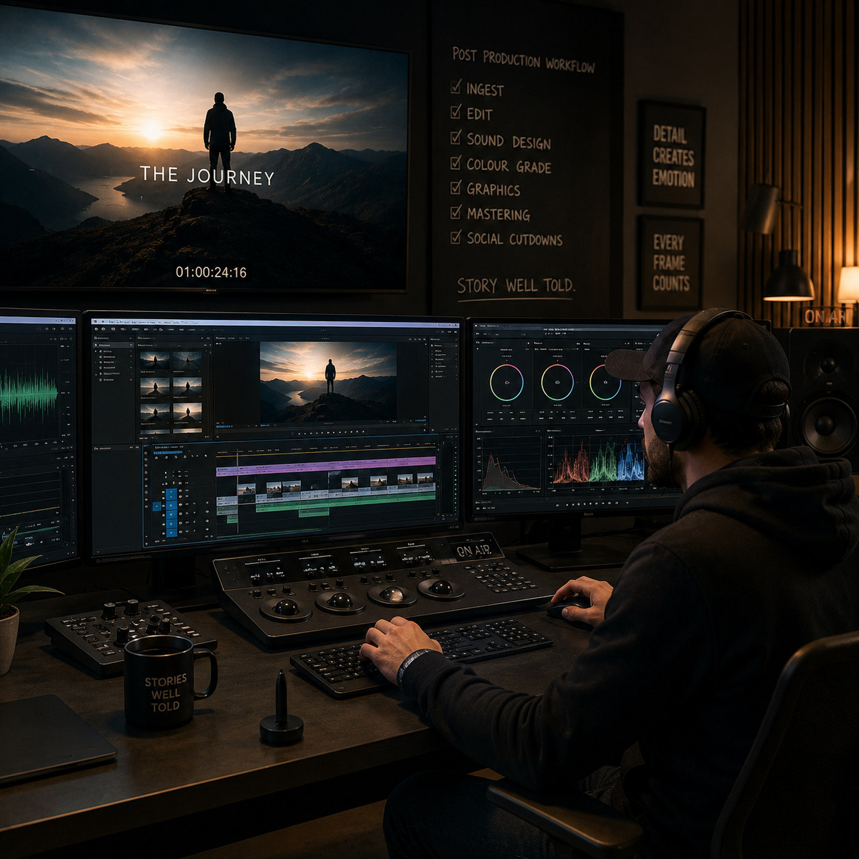 Editor working in a professional post-production and colour-grading suite