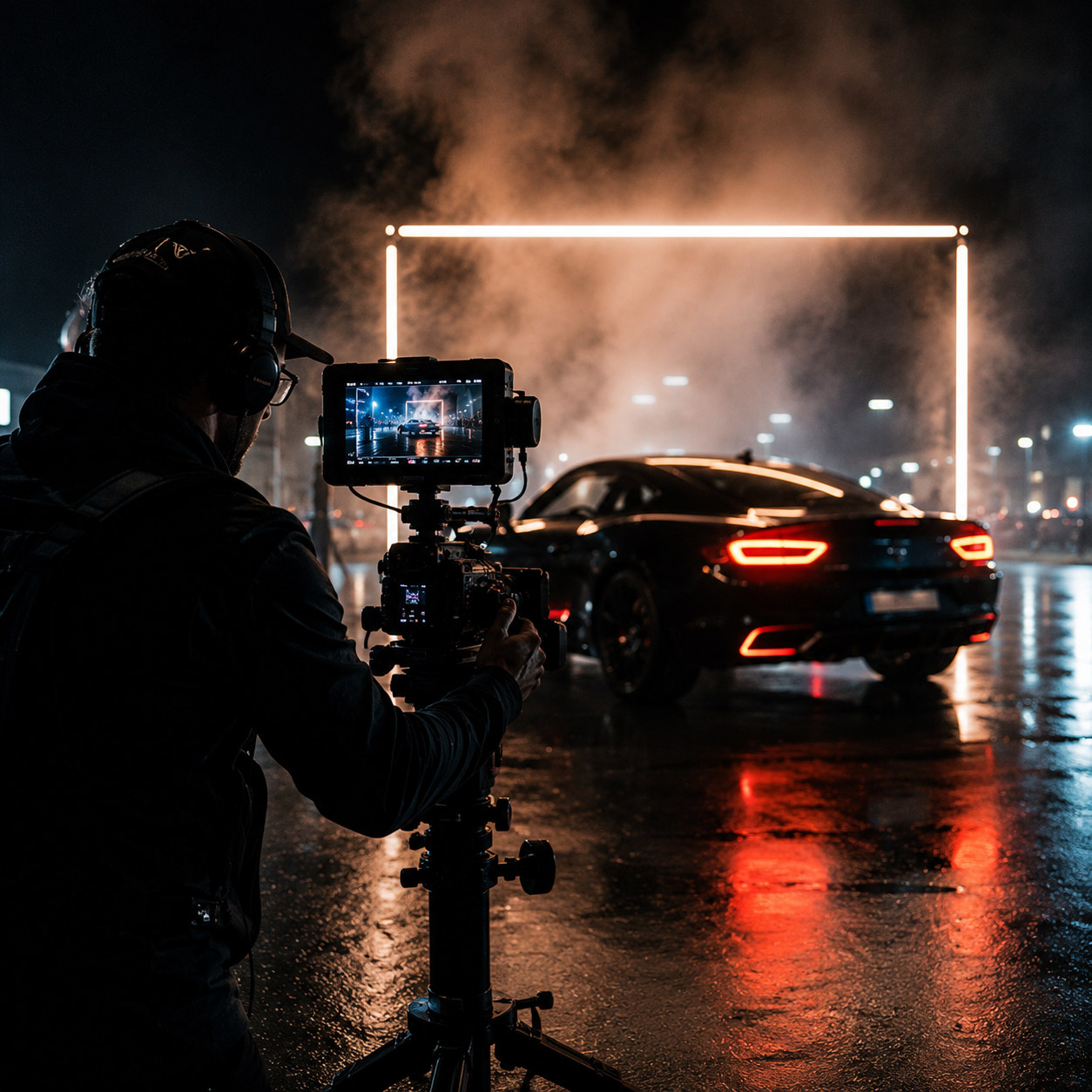 Cinematographer filming an automotive advertising production
