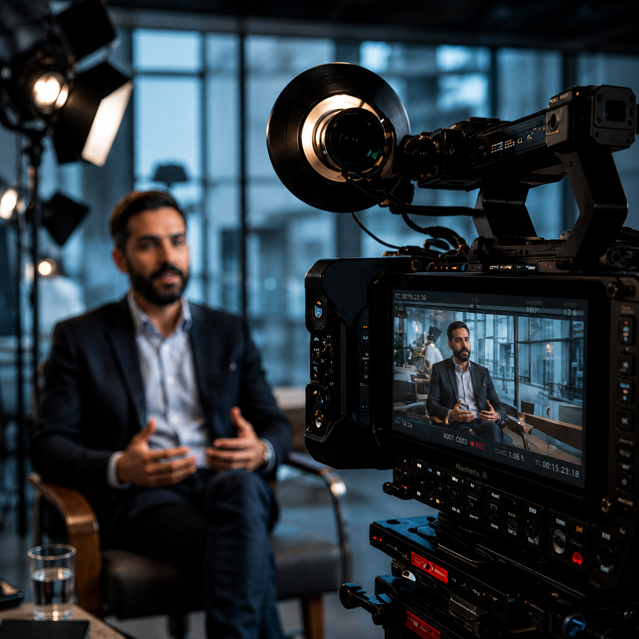 Professional camera filming a corporate interview