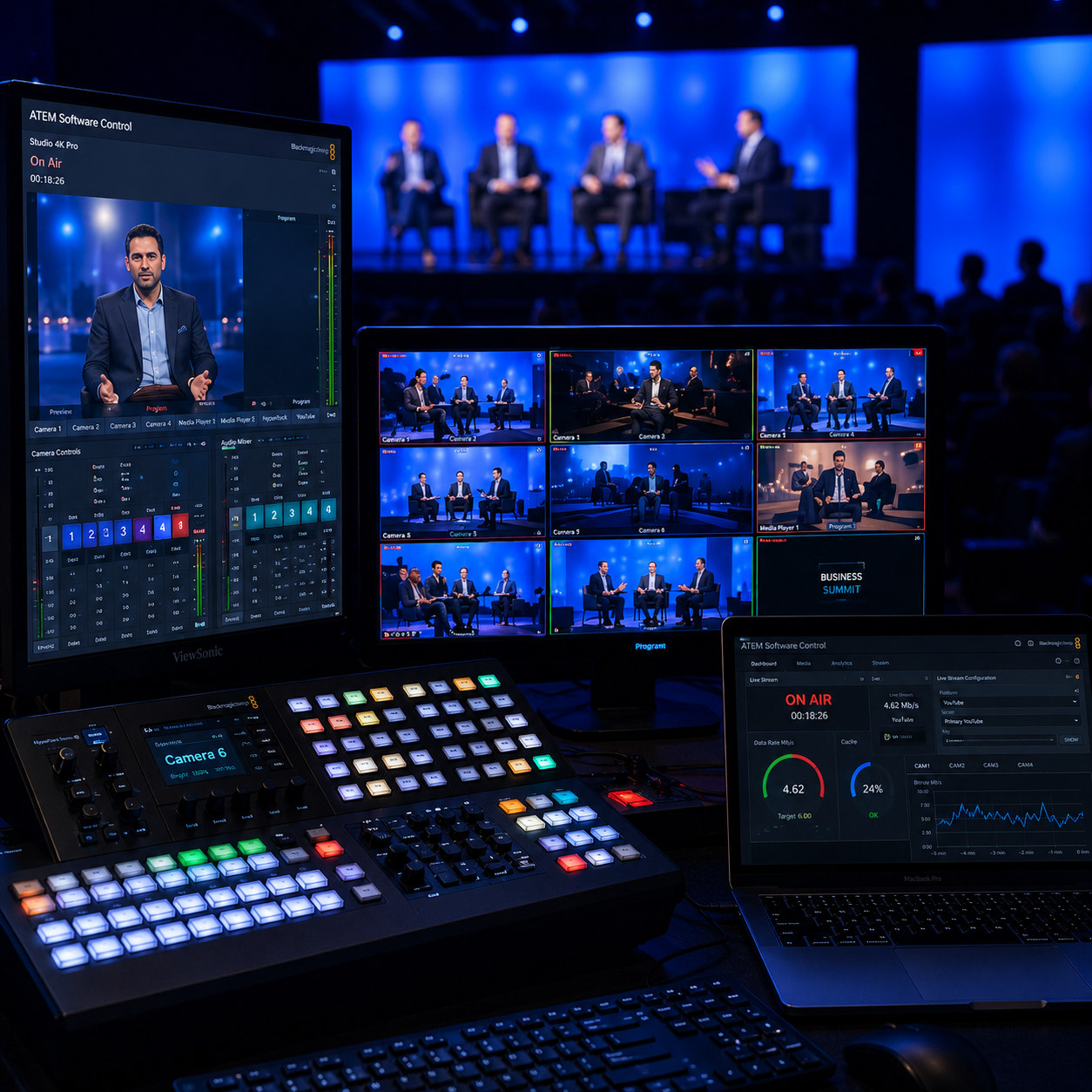 Professional live-streaming vision mixer and monitors