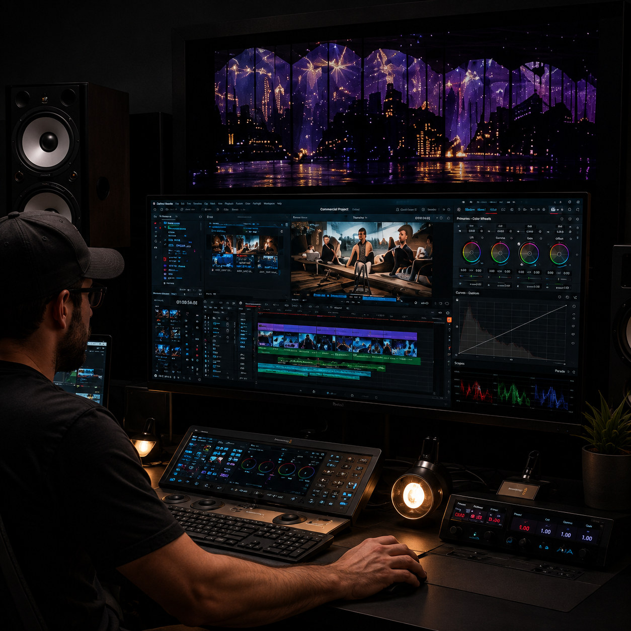 Editor working in a professional post-production suite